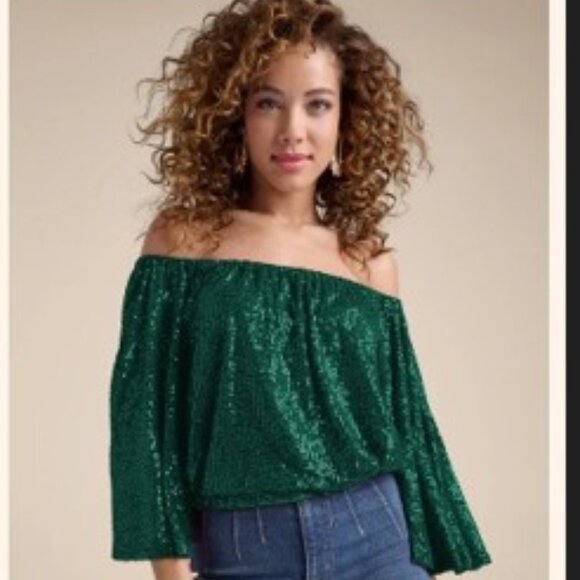 Allover SEQUIN Emerald Green Stretch Top NWT - Picture 2 of 5